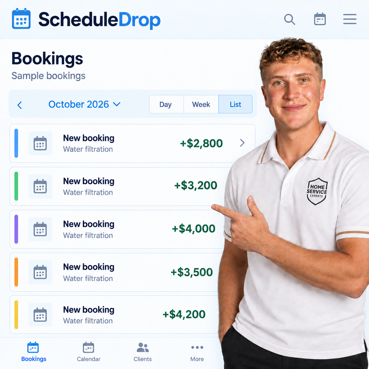 Parker Smith pointing to an illustrated ScheduleDrop booking list for October 2026 with sample booking amounts